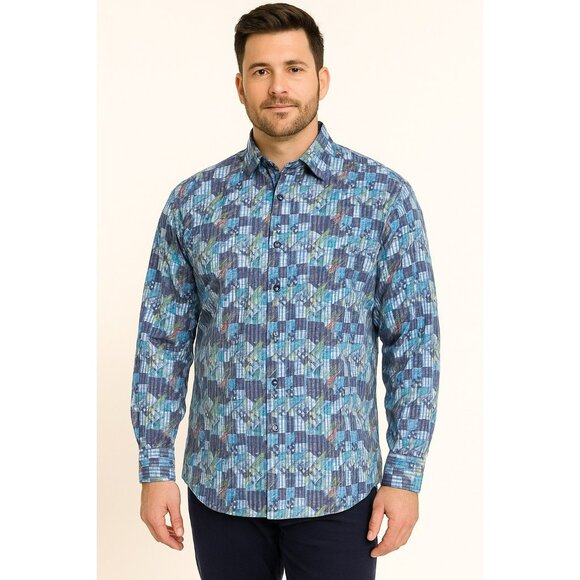 Luciano Visconti Mens Blue Geometric Long Sleeve Button-Up Shirt L 67% Cotton/33 - Picture 1 of 12